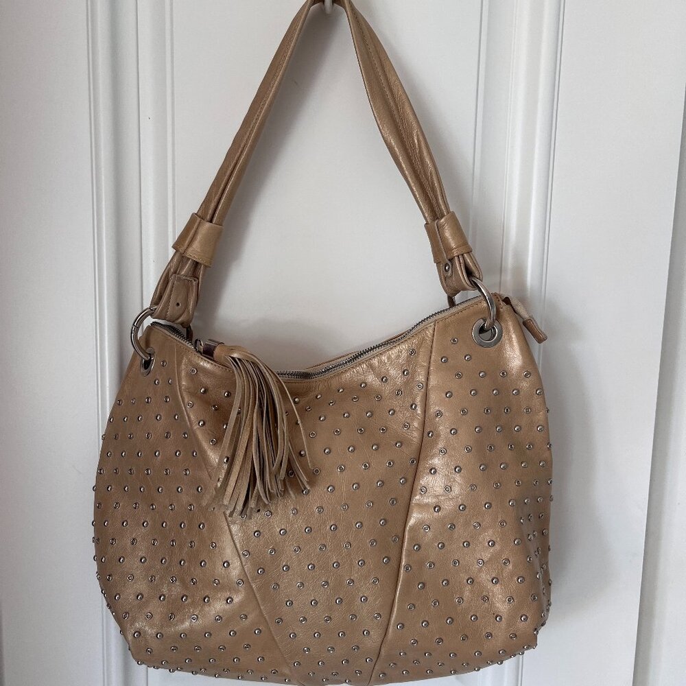 Italian studded leather large shoulder bag in beige.